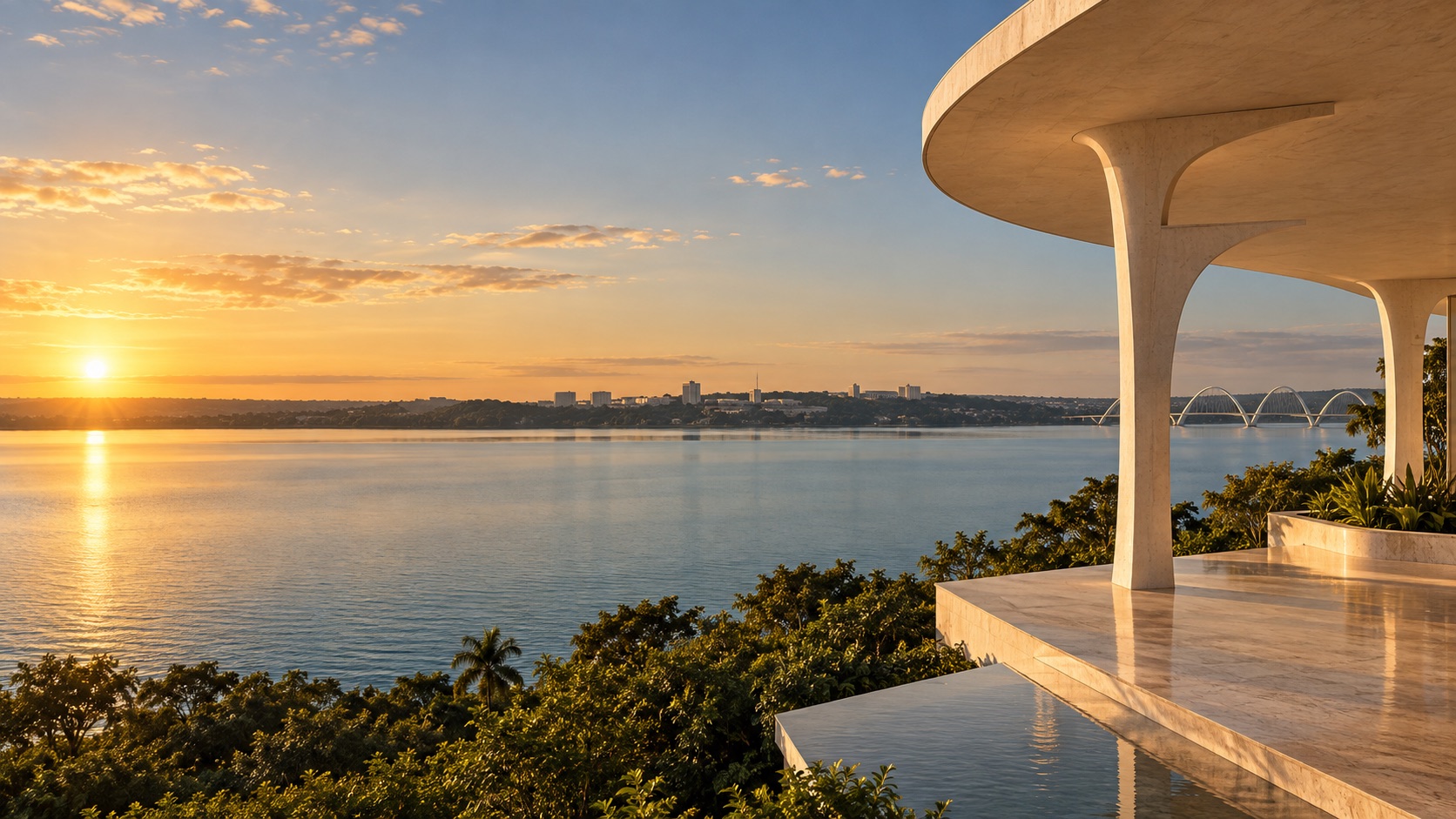 Cena conceitual do Lago Paranoá ao pôr do sol, com pavilhão de curvas modernistas e pilar em forma de F